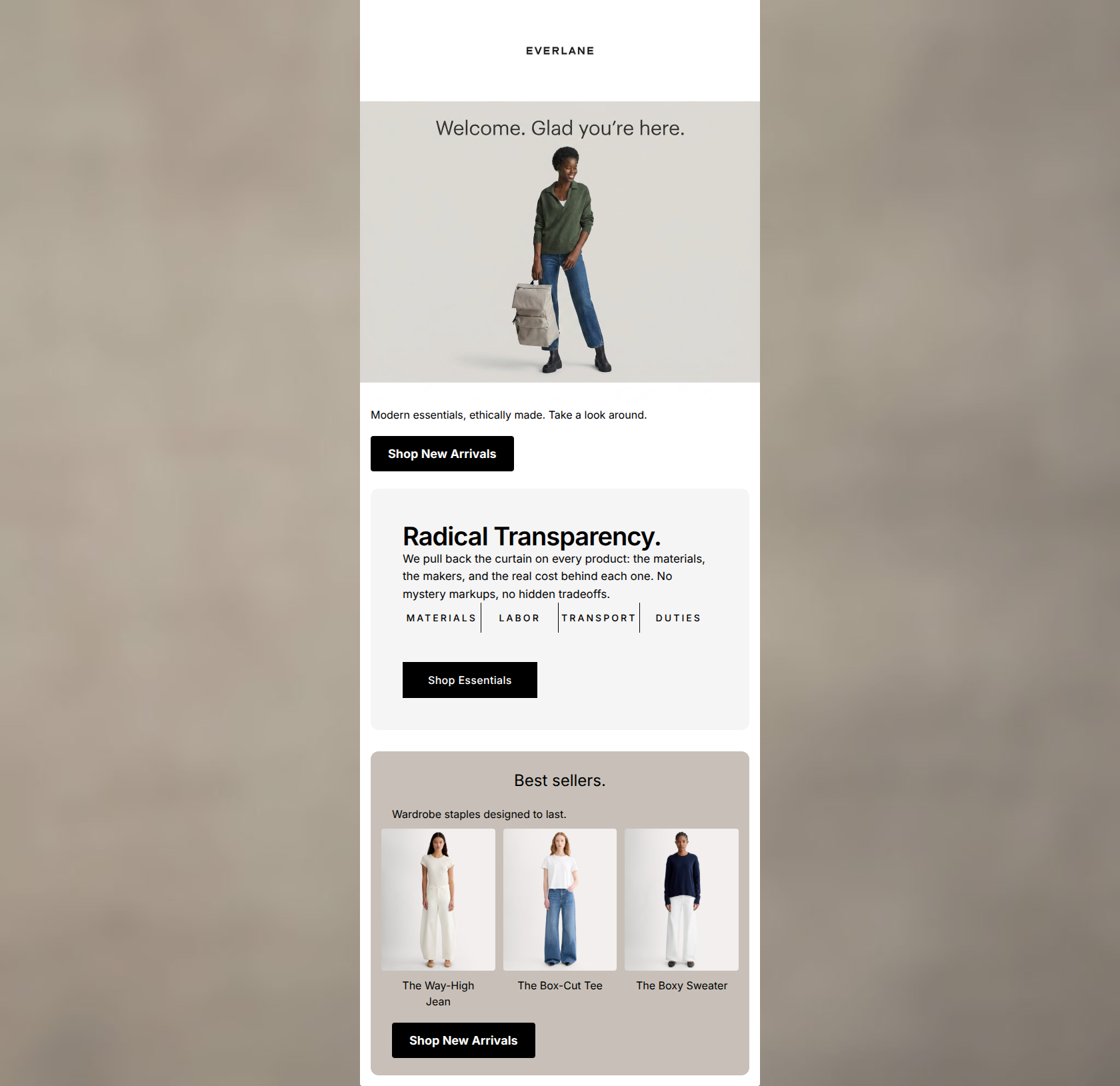 Email design: Welcome to Everlane.