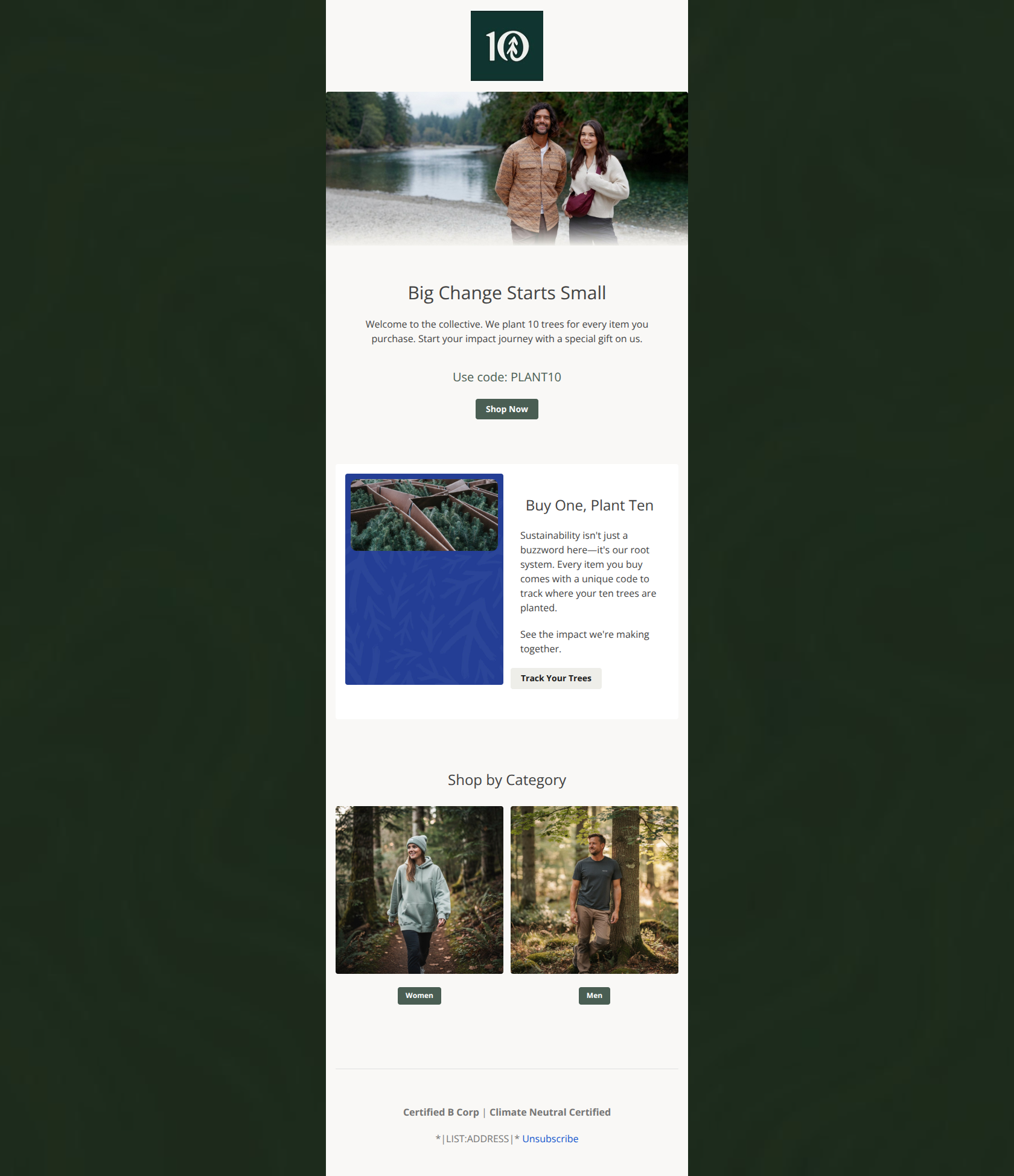 Email design: You’re in! 🌲 Here’s 10% off everything.