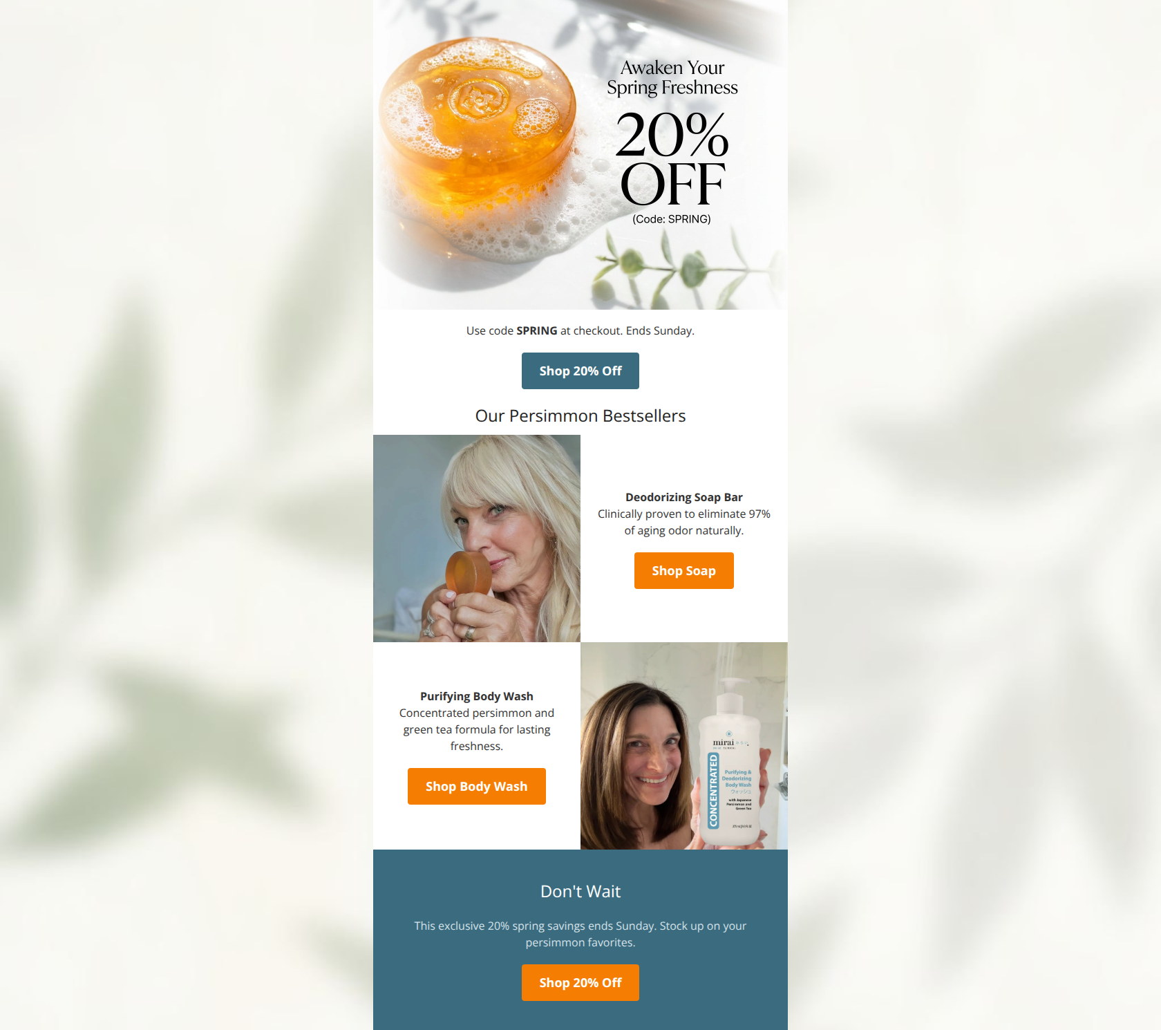 Email design: Spring refresh: 20% off ends Sunday.