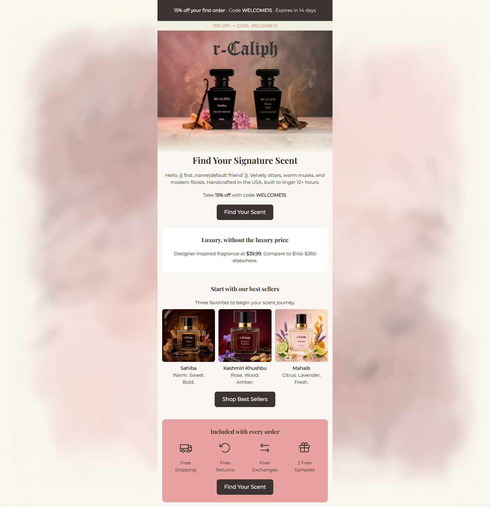 Email design: Welcome — your 15% off is inside