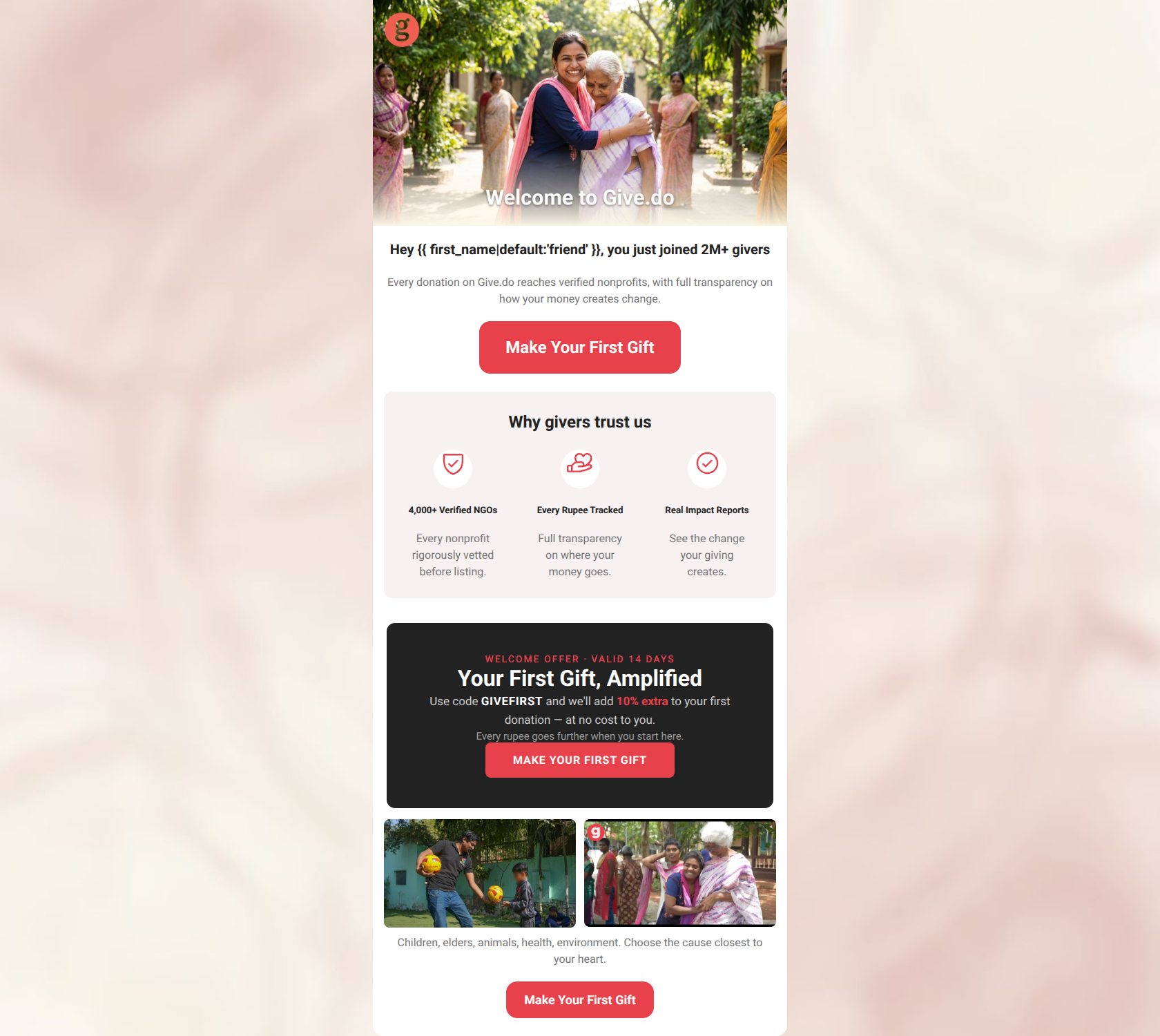 Email design: Welcome — your giving journey starts here