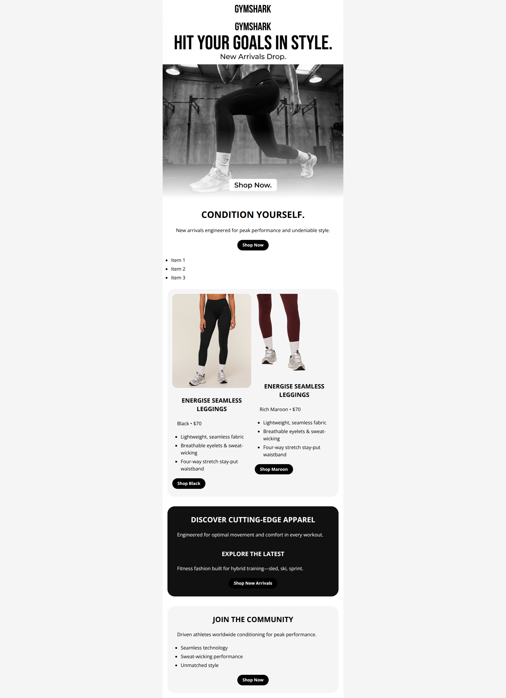 Email design: NEW ARRIVALS: CONDITION YOURSELF.