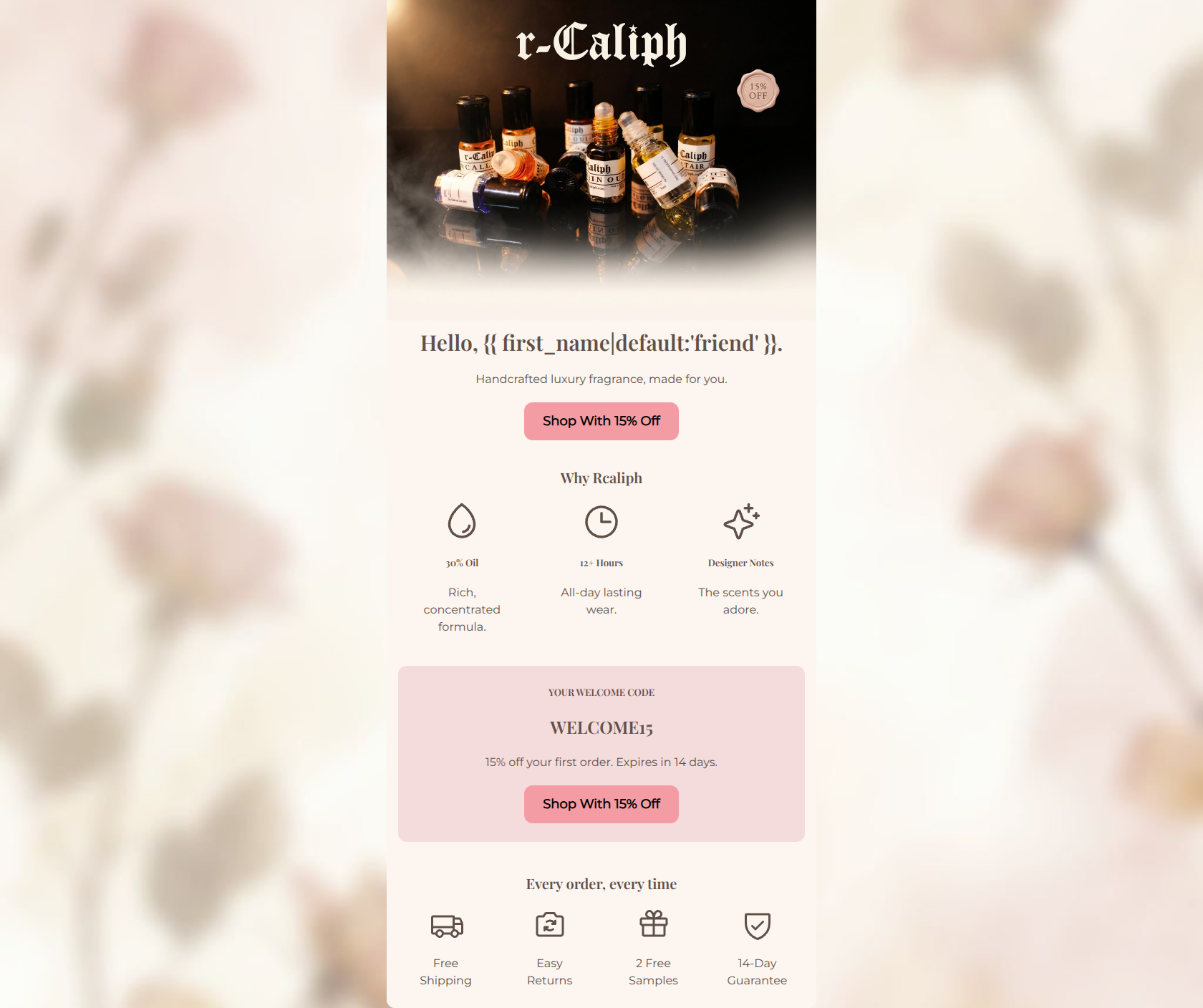 Email design: Welcome in — here's 15% off