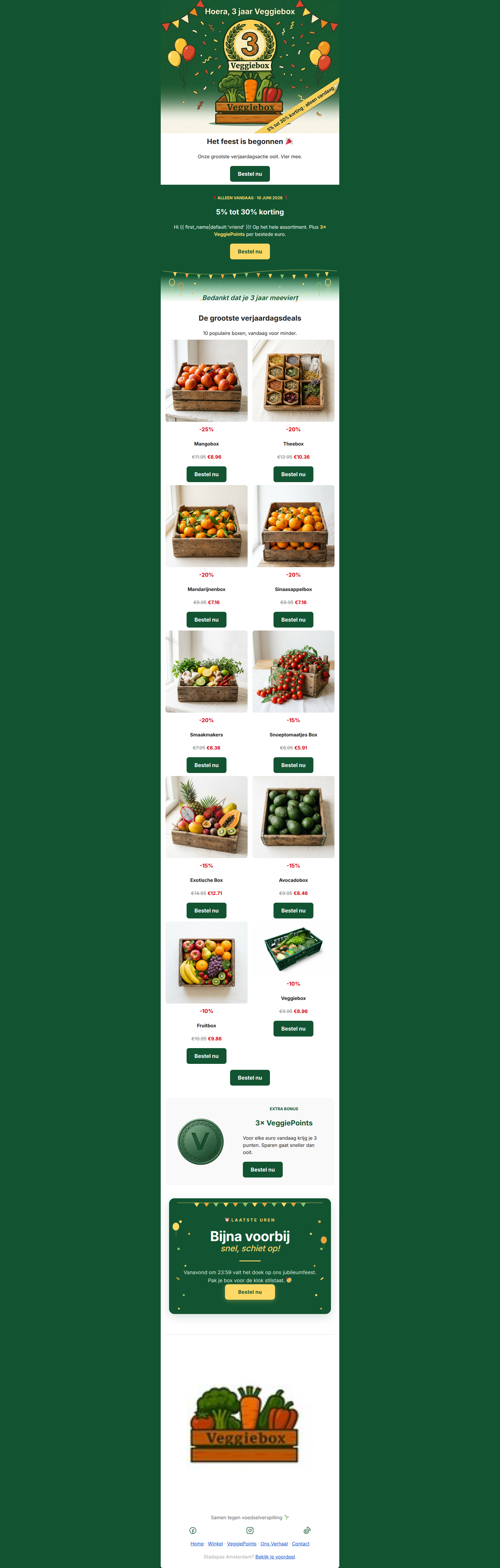 Email design: ๐ 3 jaar Veggiebox โ tot 30% korting, alleen vand