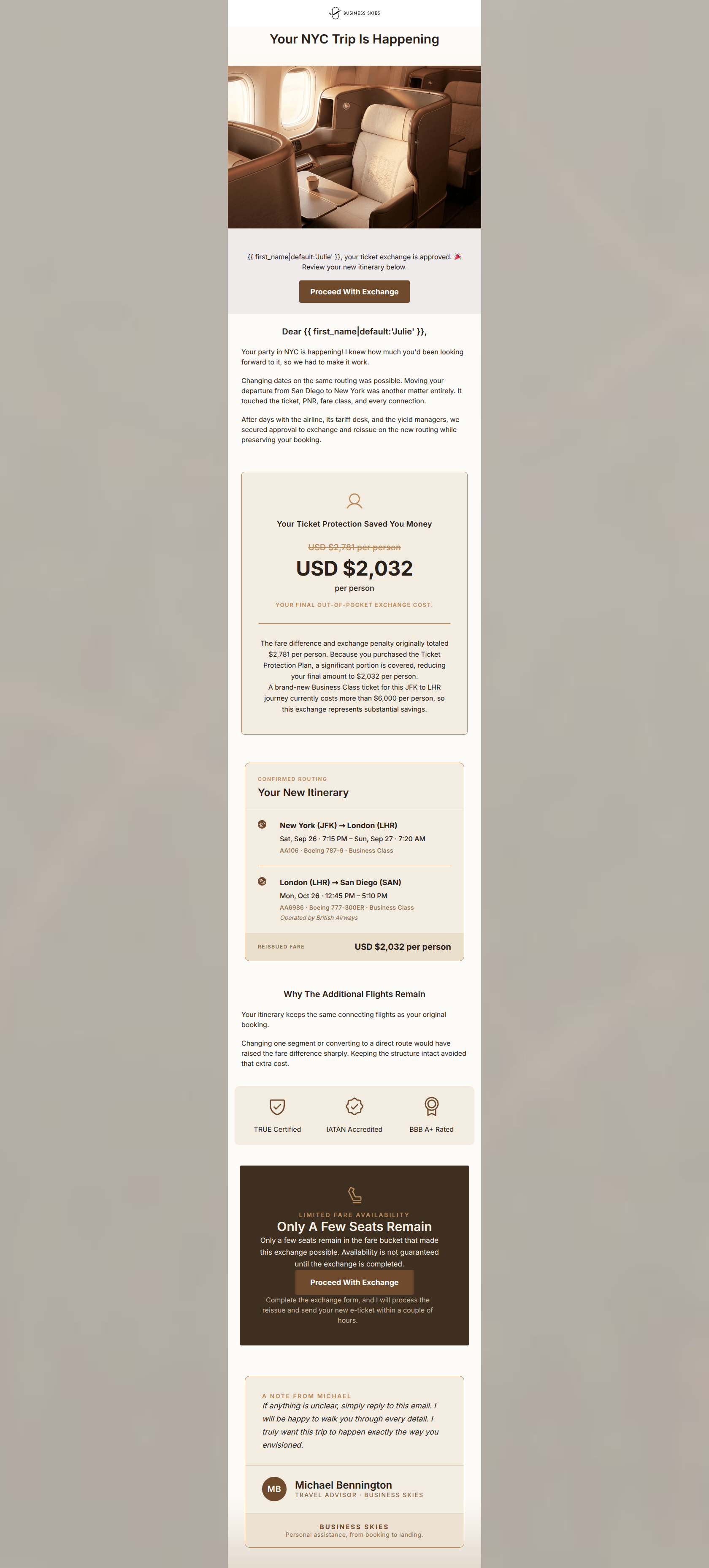 Email design: Julie, We Made Your NYC Trip Happen 🎉