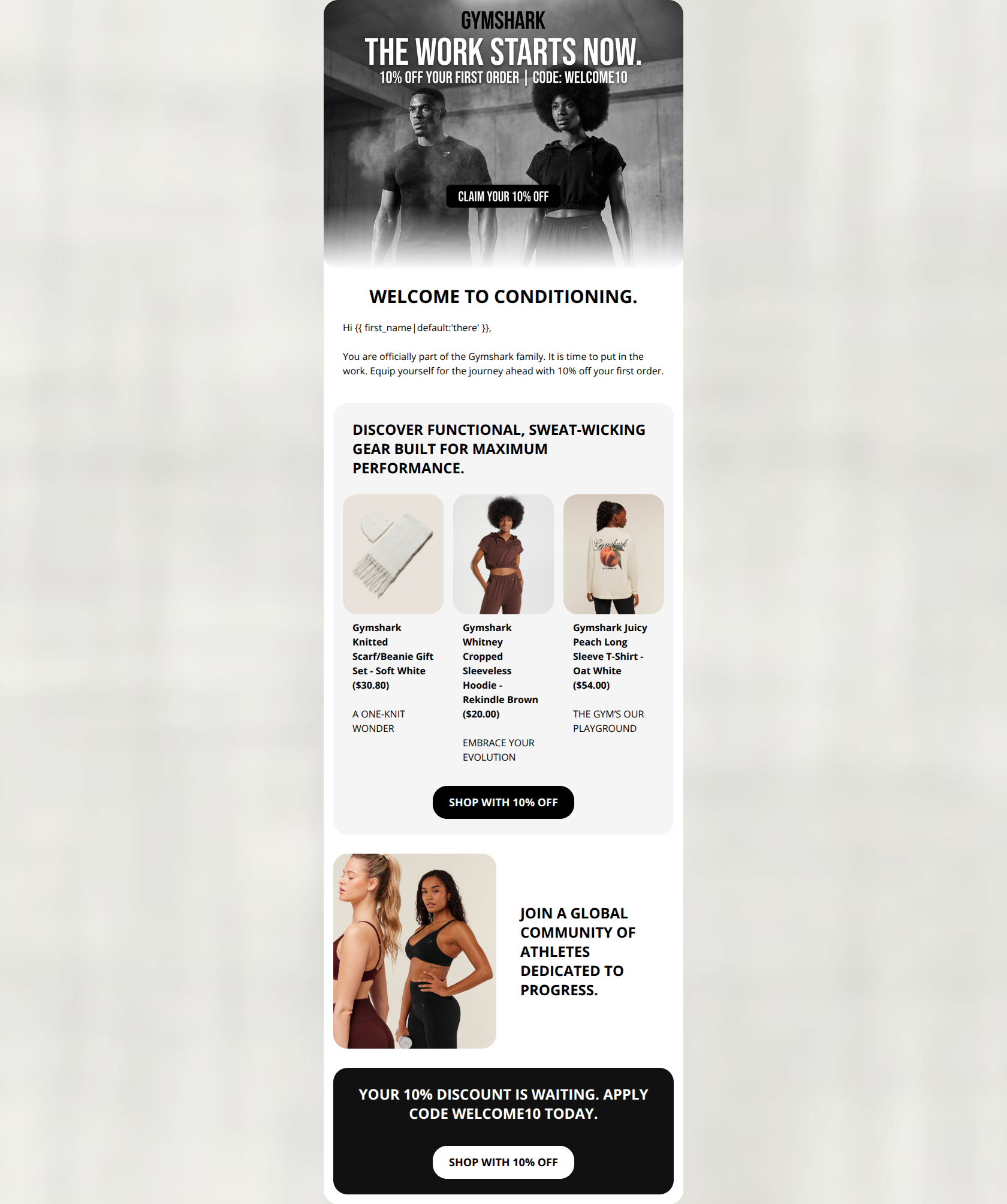 Email design: Welcome to the family. Here is 10% off.