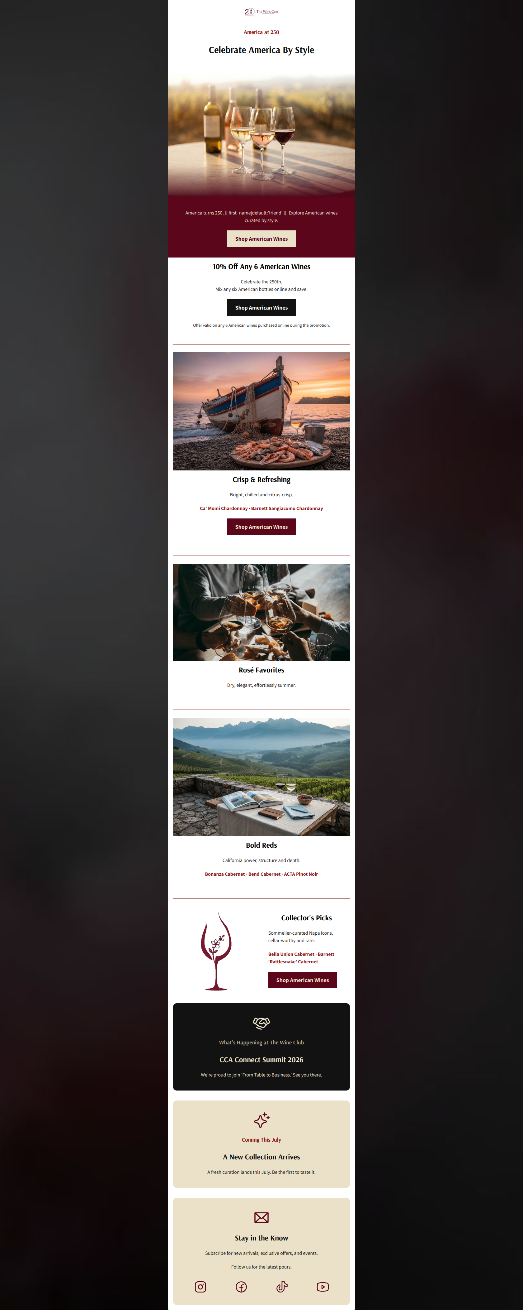 Email design: America at 250: 10% Off Any 6 Wines