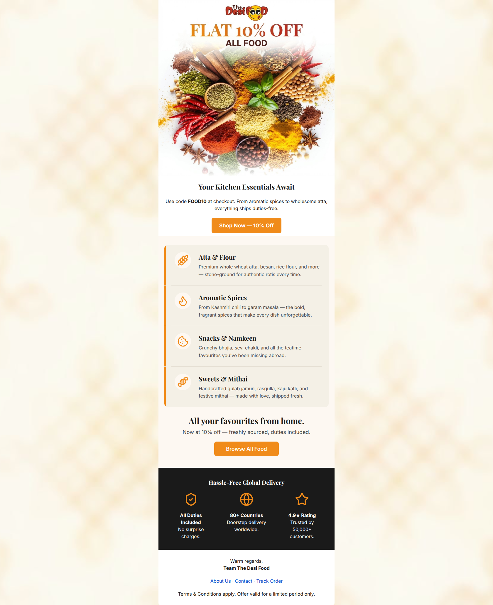 Email design: Flat 10% Off All Indian Food 🌶️