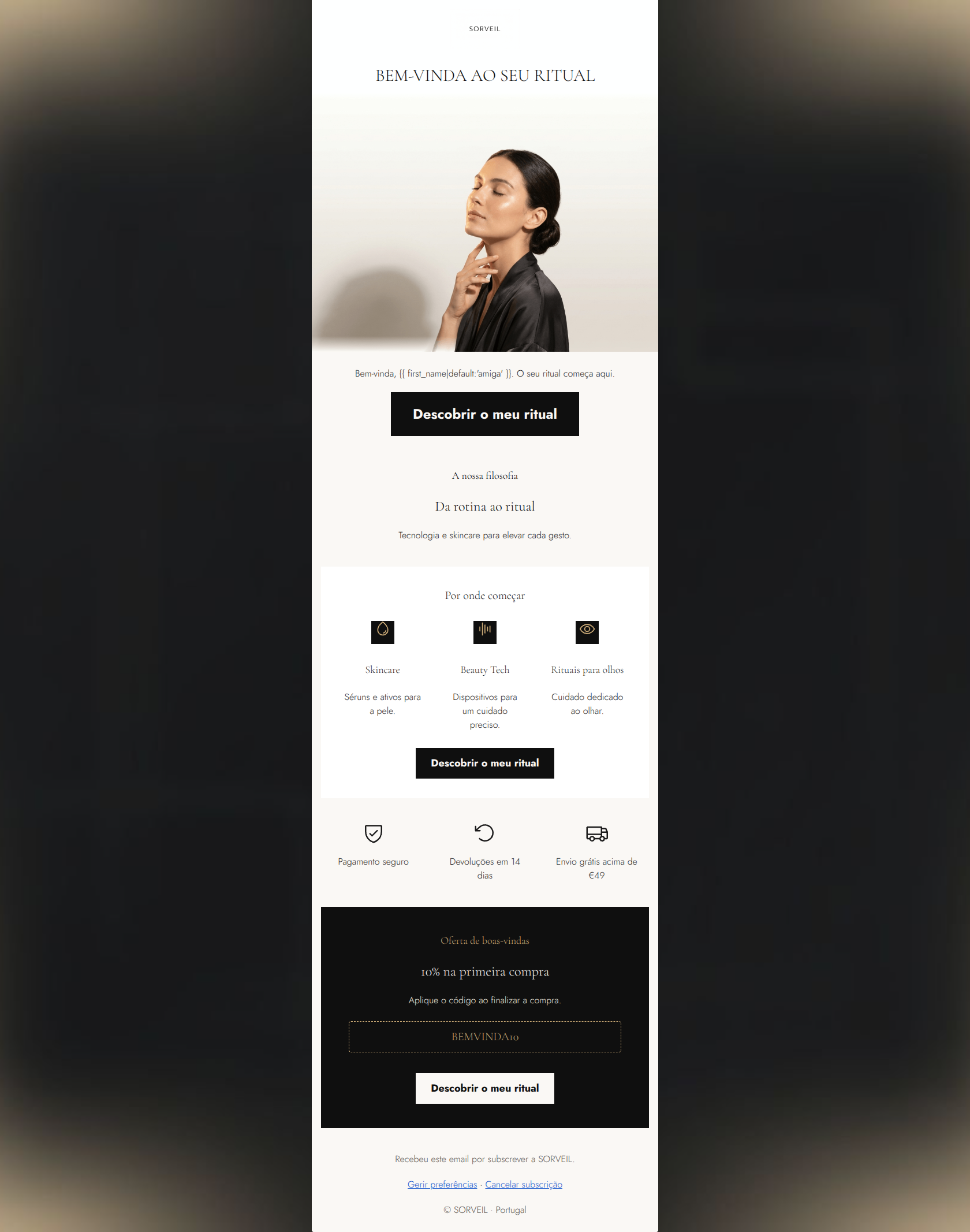 Email design: Bem-vinda à SORVEIL — 10% no seu primeiro ritual
