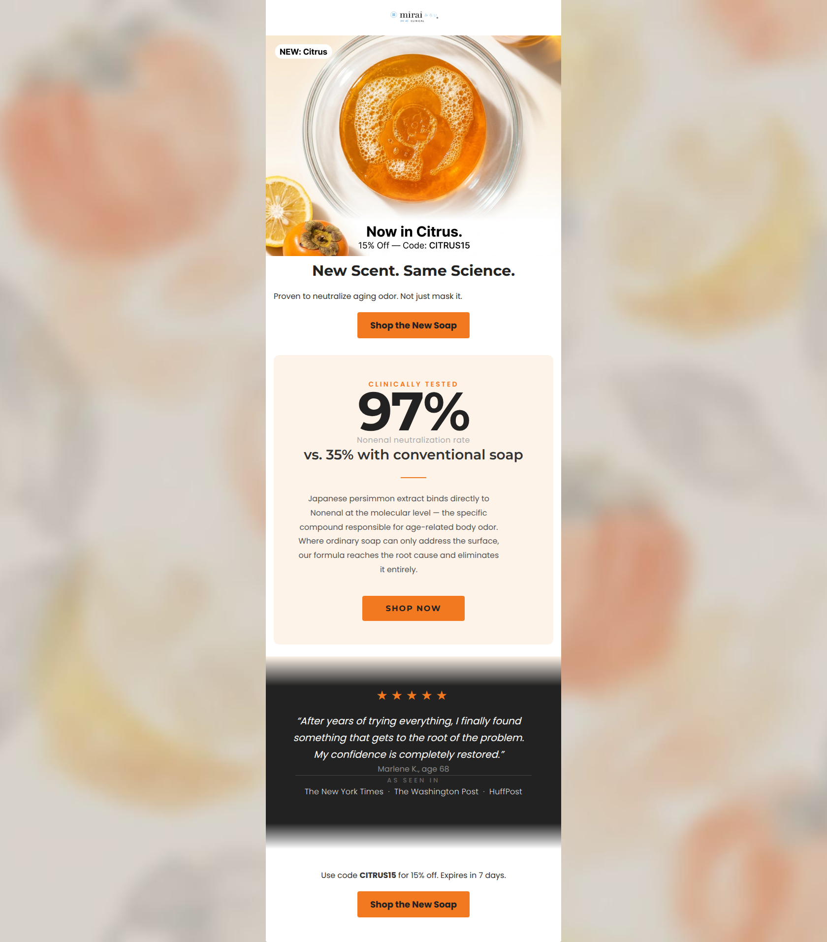 Email design: Citrus Persimmon Soap has arrived