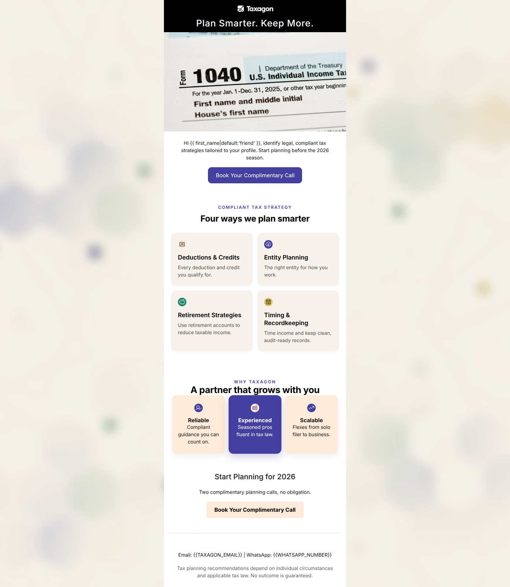 Financial Services Promotional email design for Taxagon — "Plan Smarter for 2026 — Keep More of What You Earn"