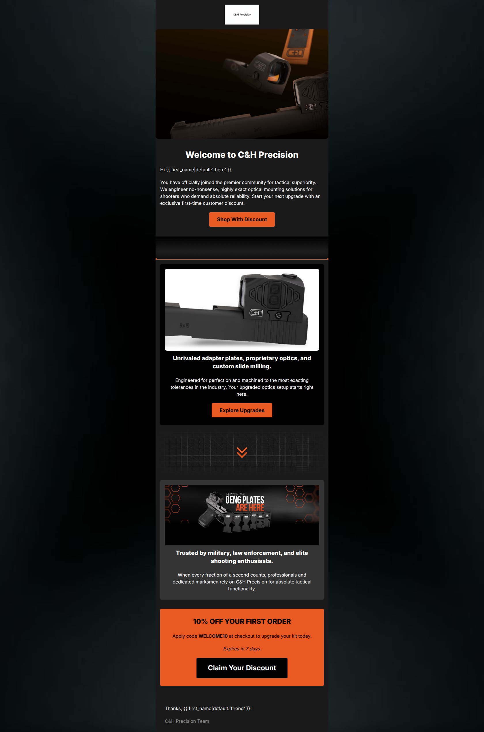 Email design: Welcome to C&H Precision. Here's 10% off.