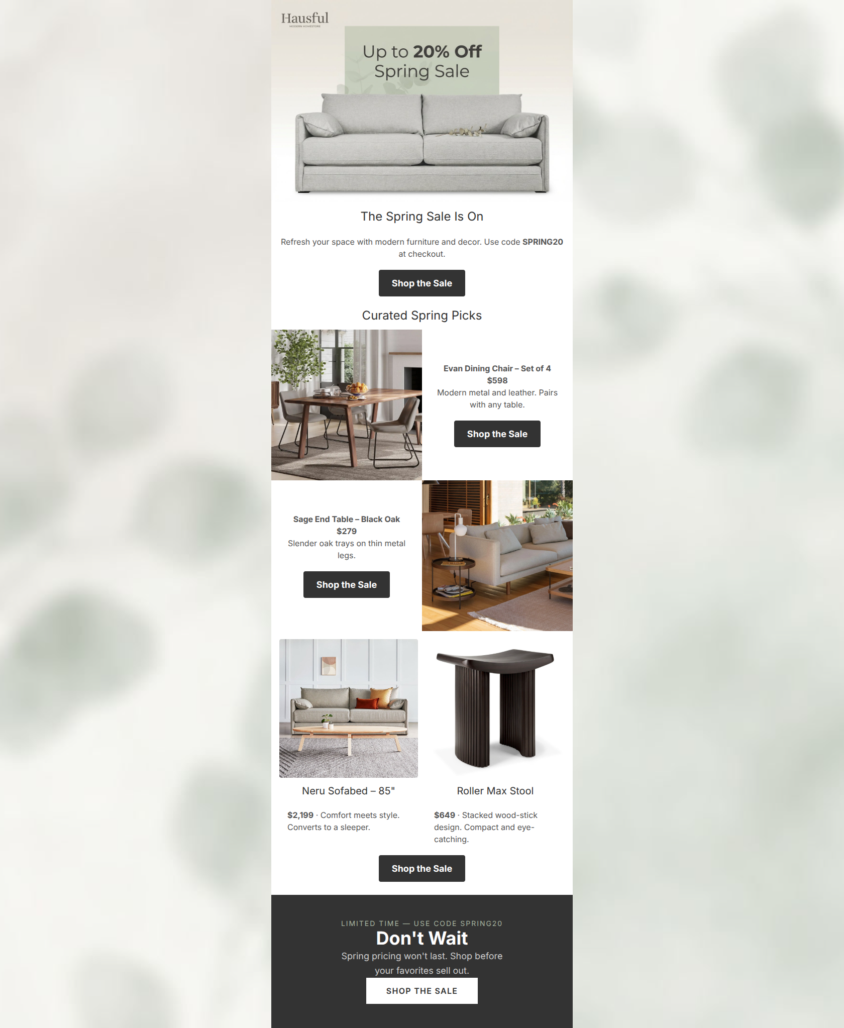 Email design: Spring Sale: Up to 20% Off