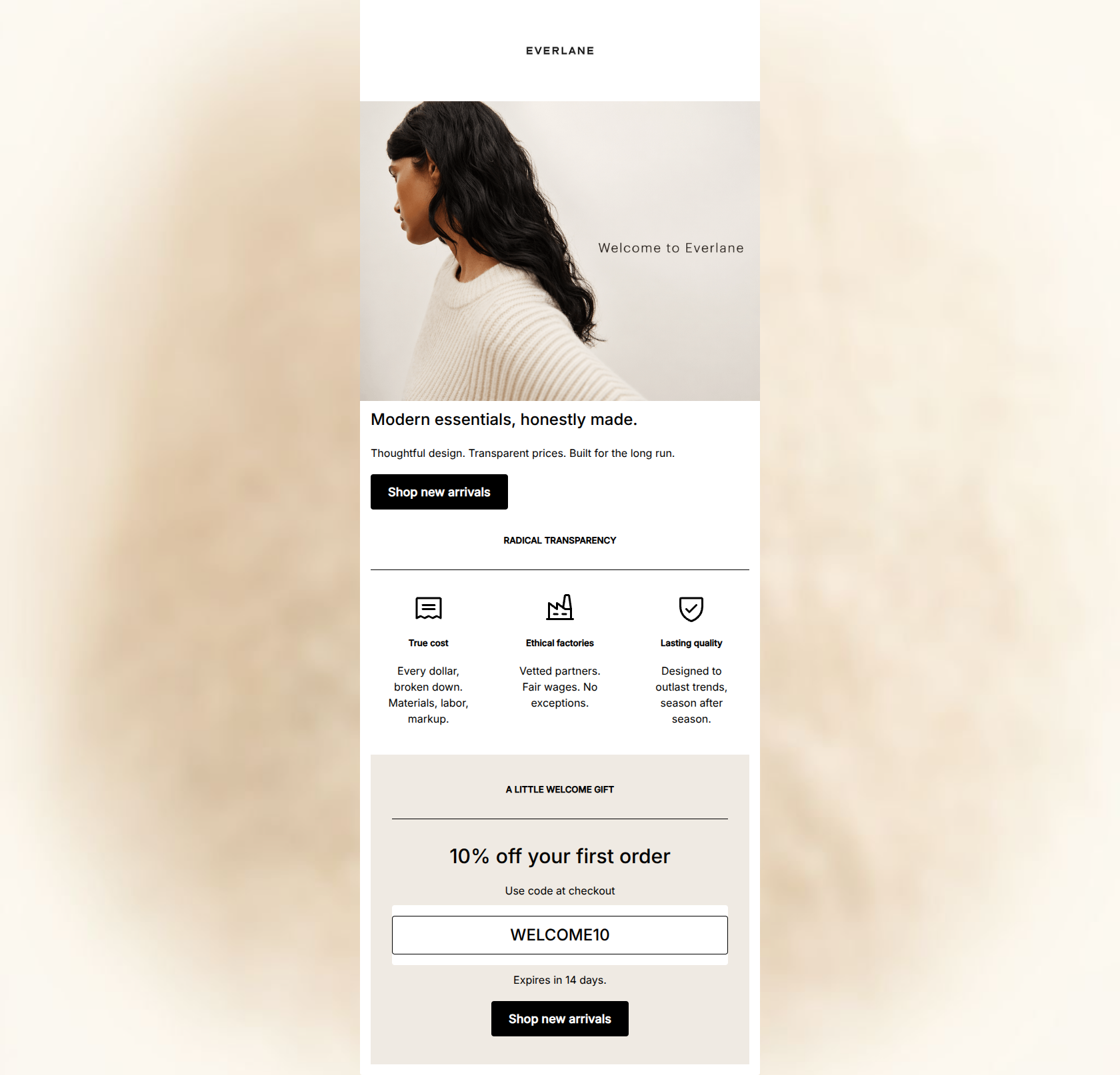 Email design: Welcome to Everlane — 10% off inside