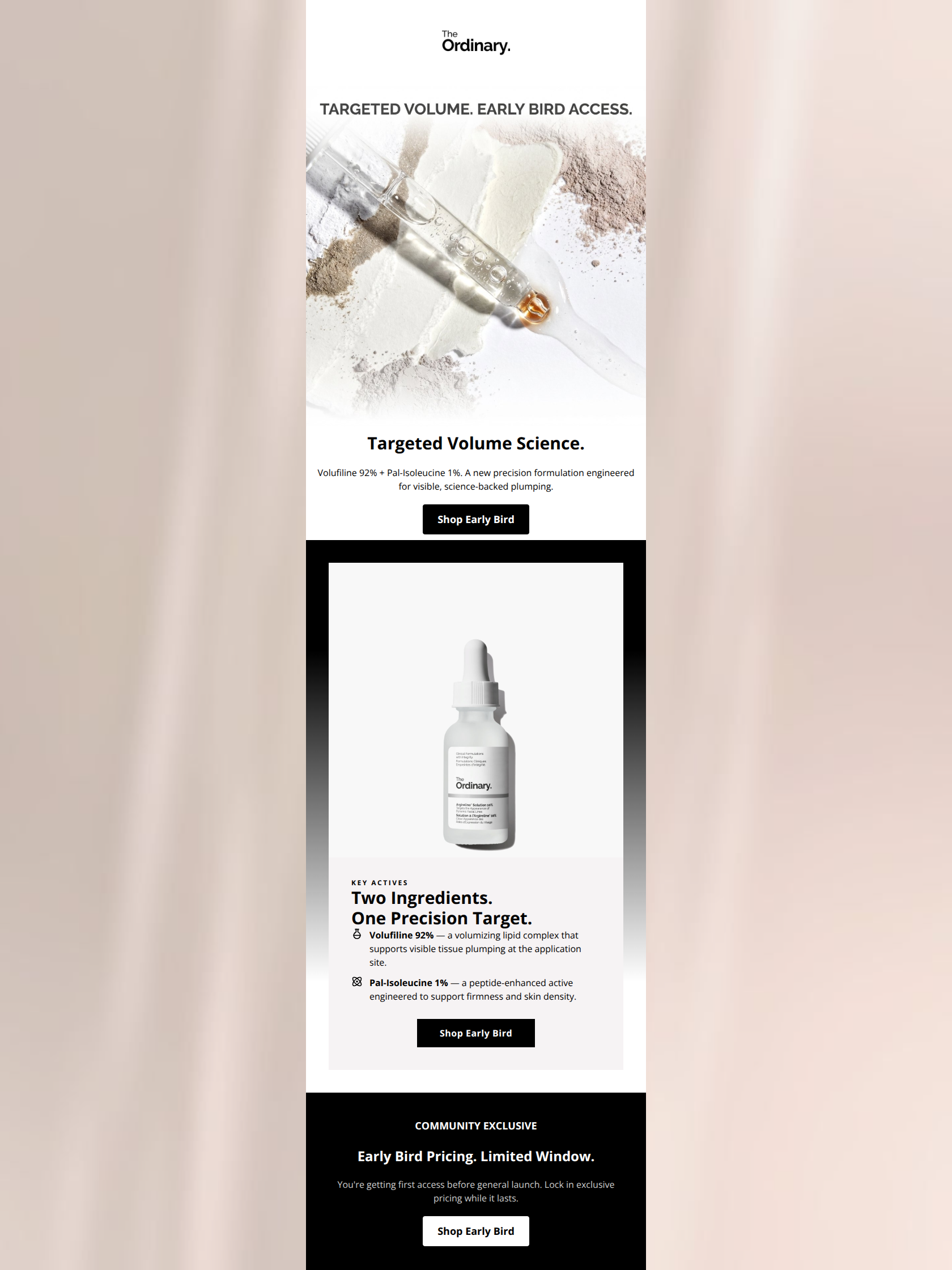 Email design: New: Targeted Volume. Early Bird Access.
