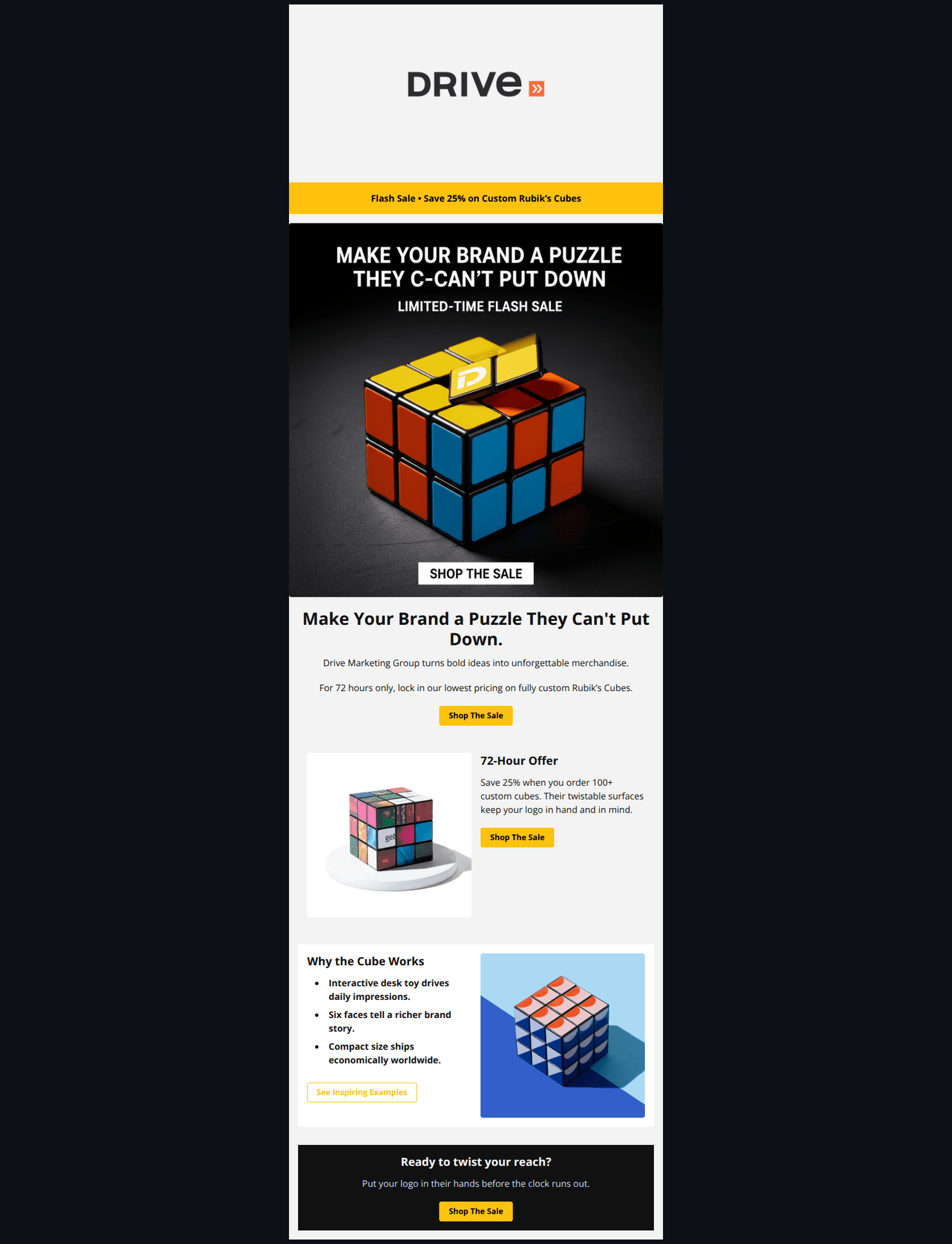 Email design: Your Logo, Their Hands: Cube Sale