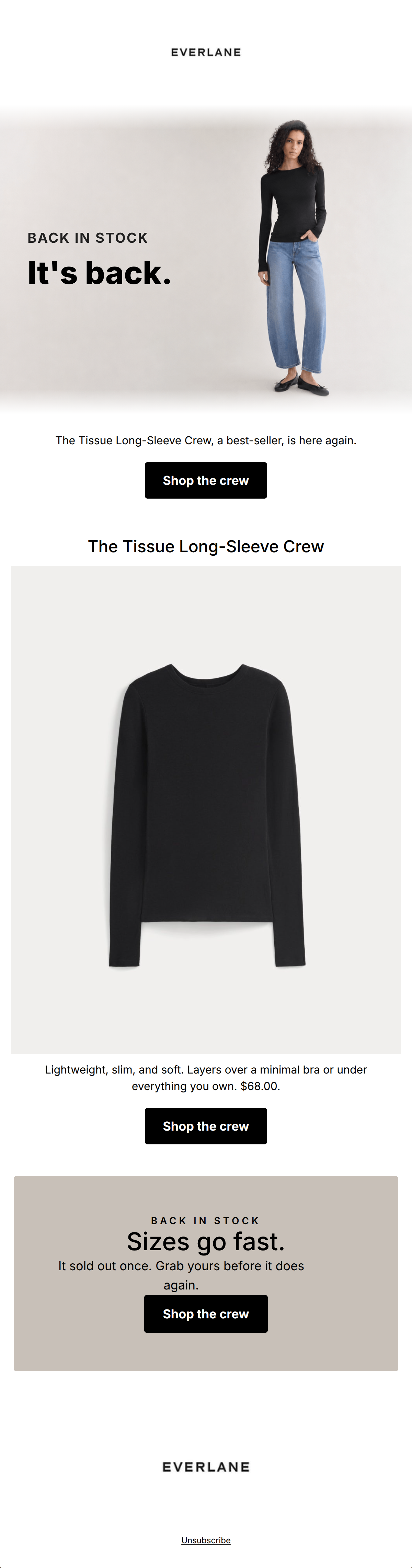 A clean minimalist email featuring the black Tissue Long-Sleeve Crew with bold restock typography.
