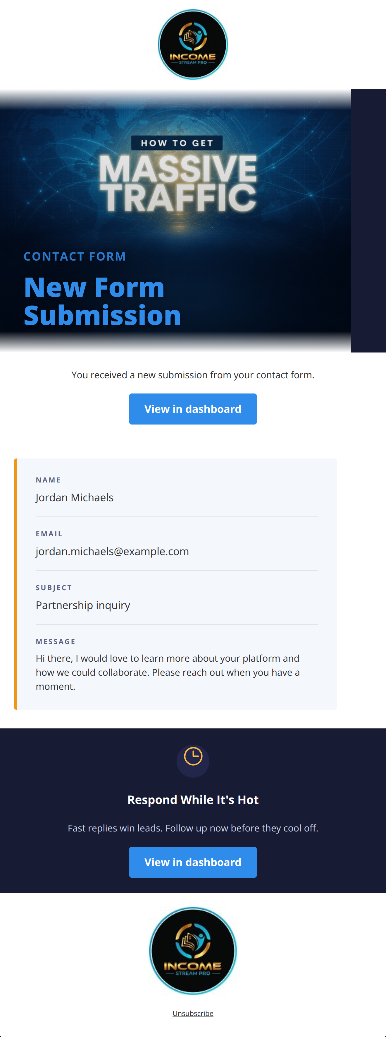 A professional notification email with a blue hero section and a structured contact info summary card.