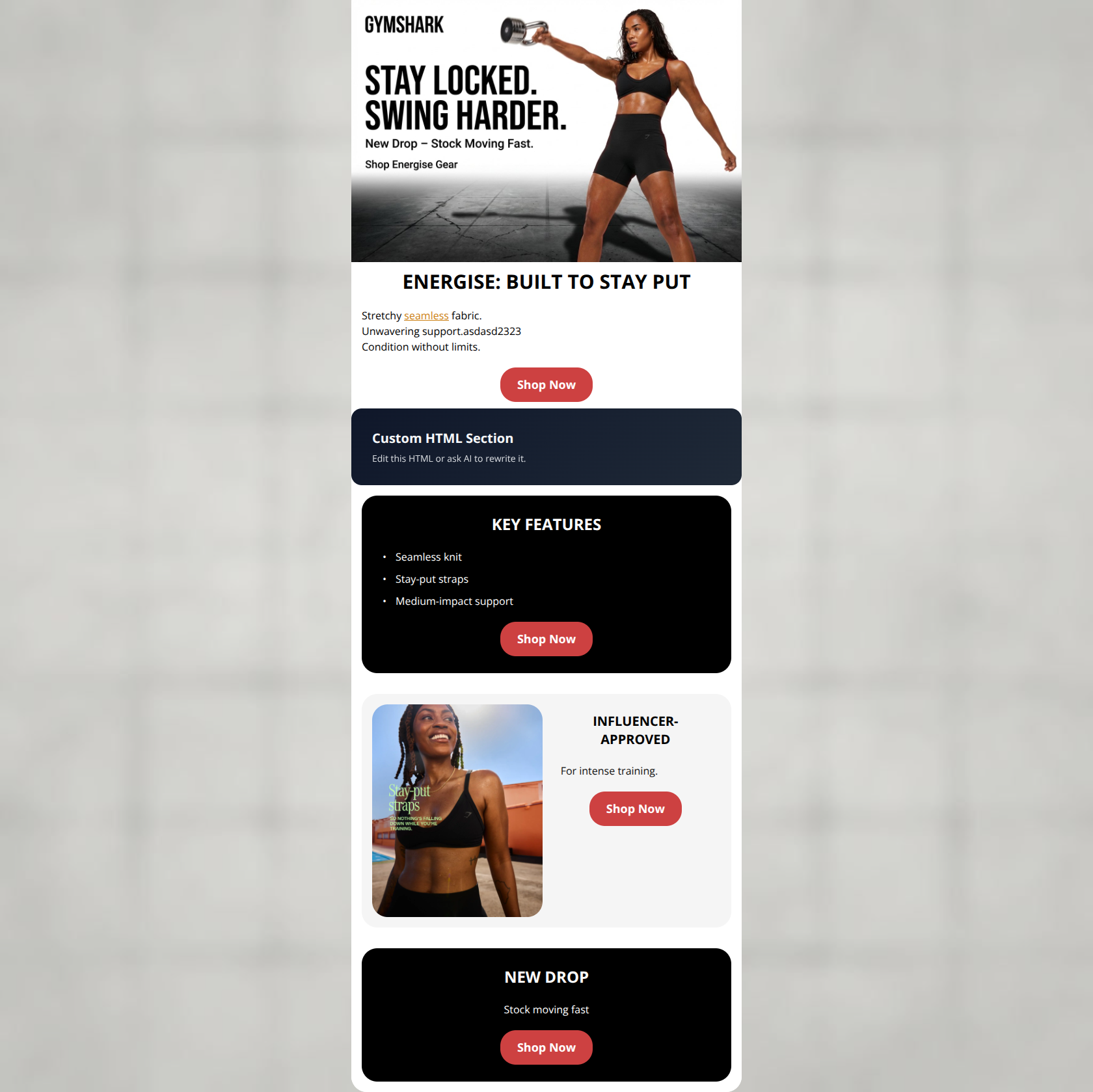 Email design: New Energise: Stretchy. Stay-Put. Shop Now