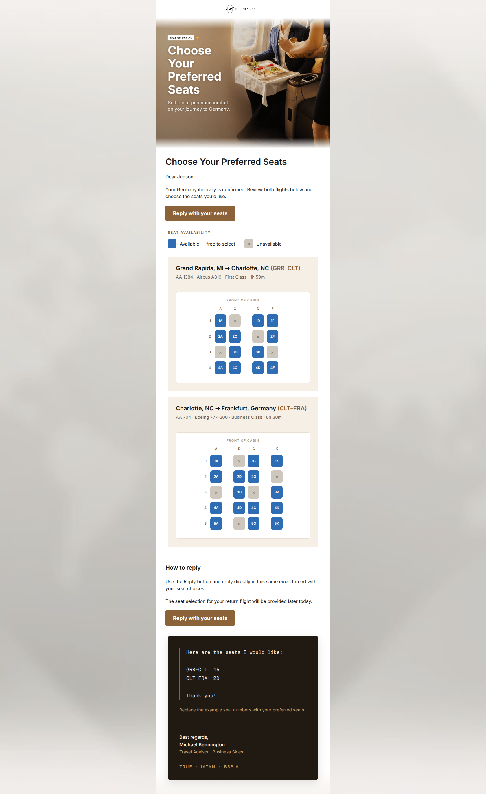 Email design: Choose your preferred seats — Germany trip