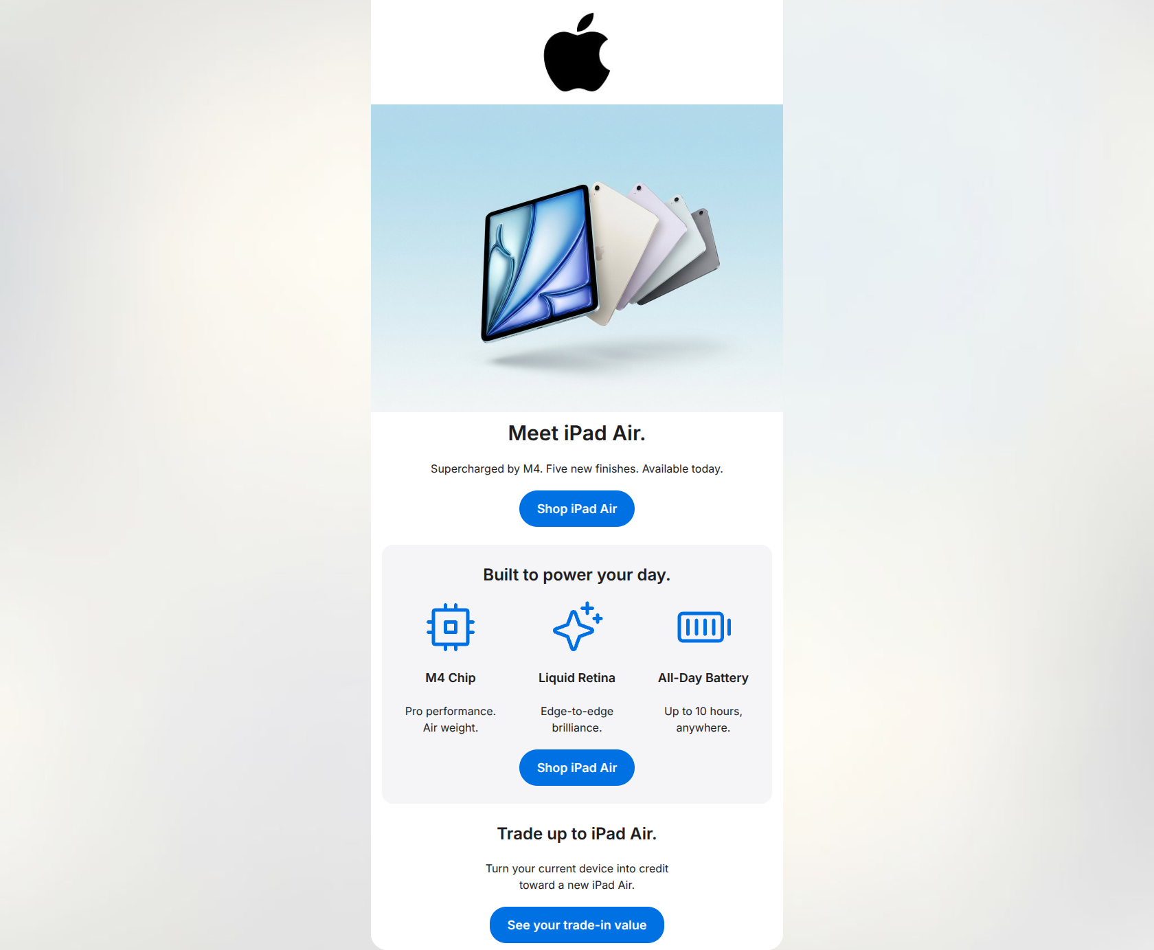 Email design: Meet iPad Air. Supercharged by M4.