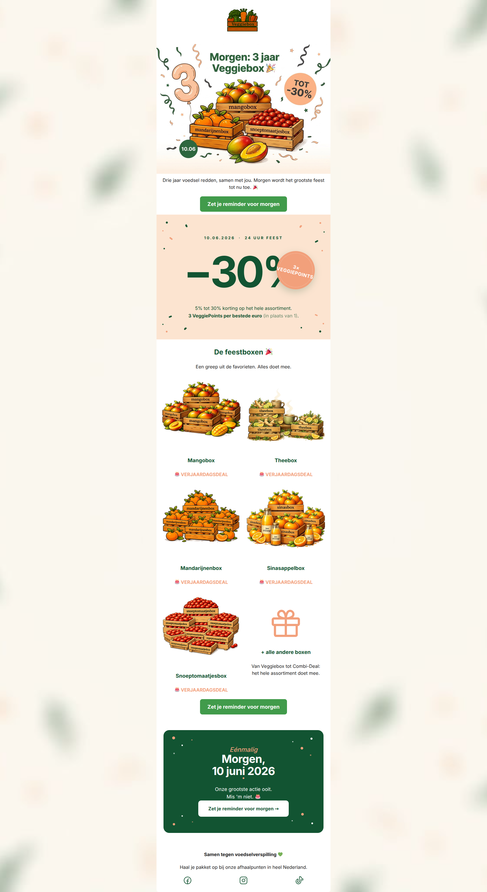 Email design: ๐ Morgen: 3 jaar Veggiebox โ tot -30%