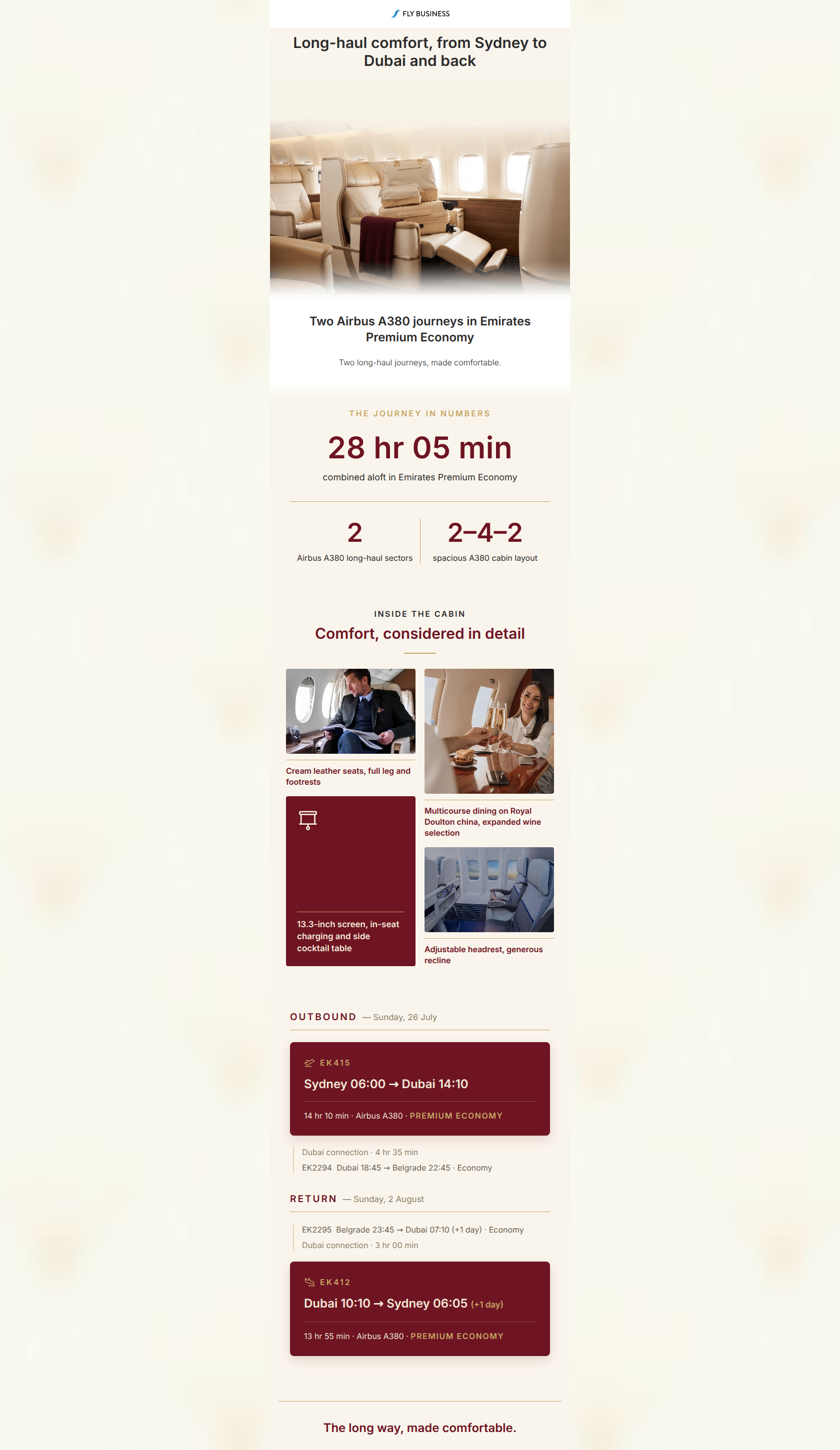 Email design: Long-haul comfort, Sydney to Dubai and back