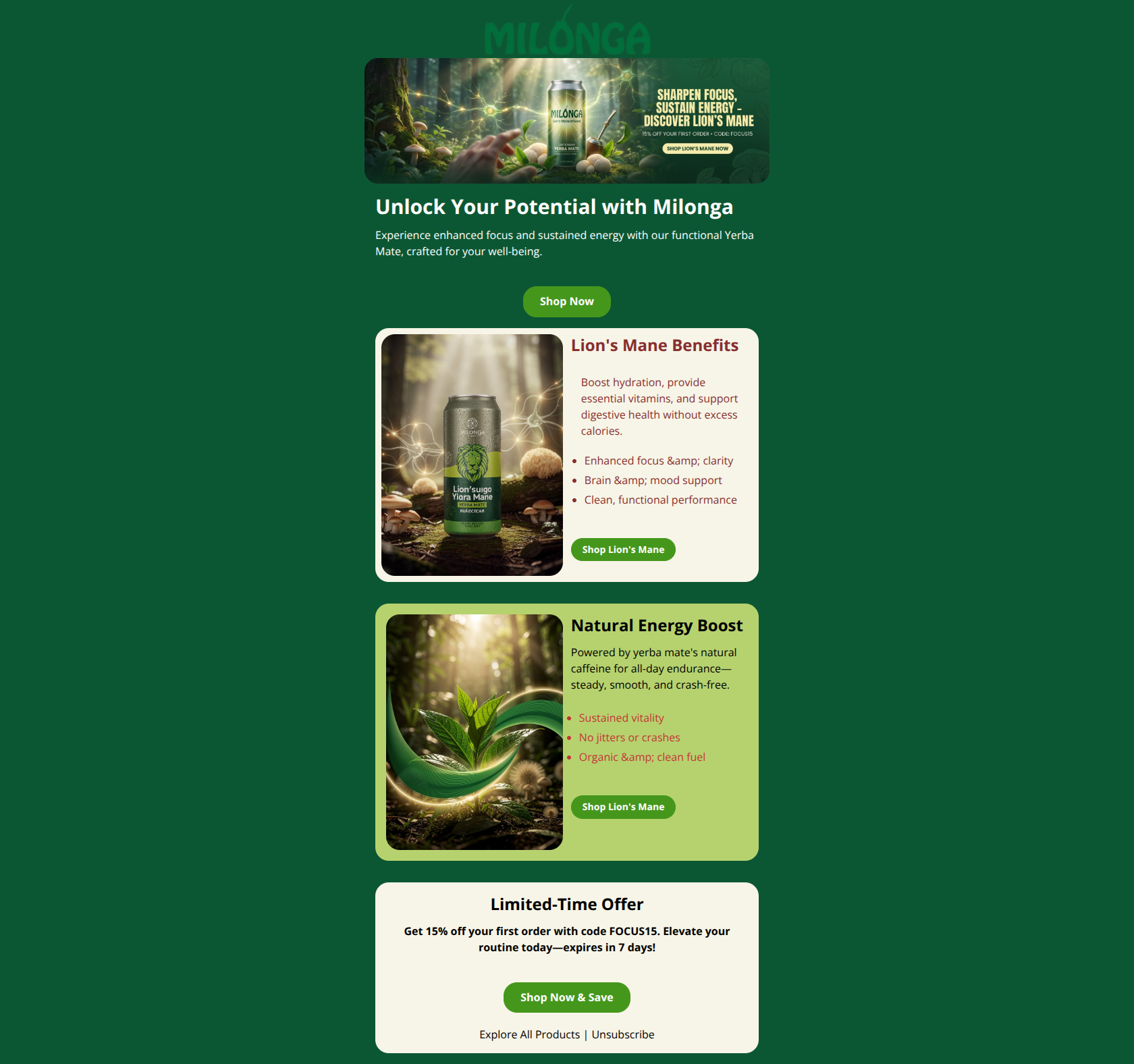 Email design: Focus, Clarity, and Energy: Discover Milonga Yerba