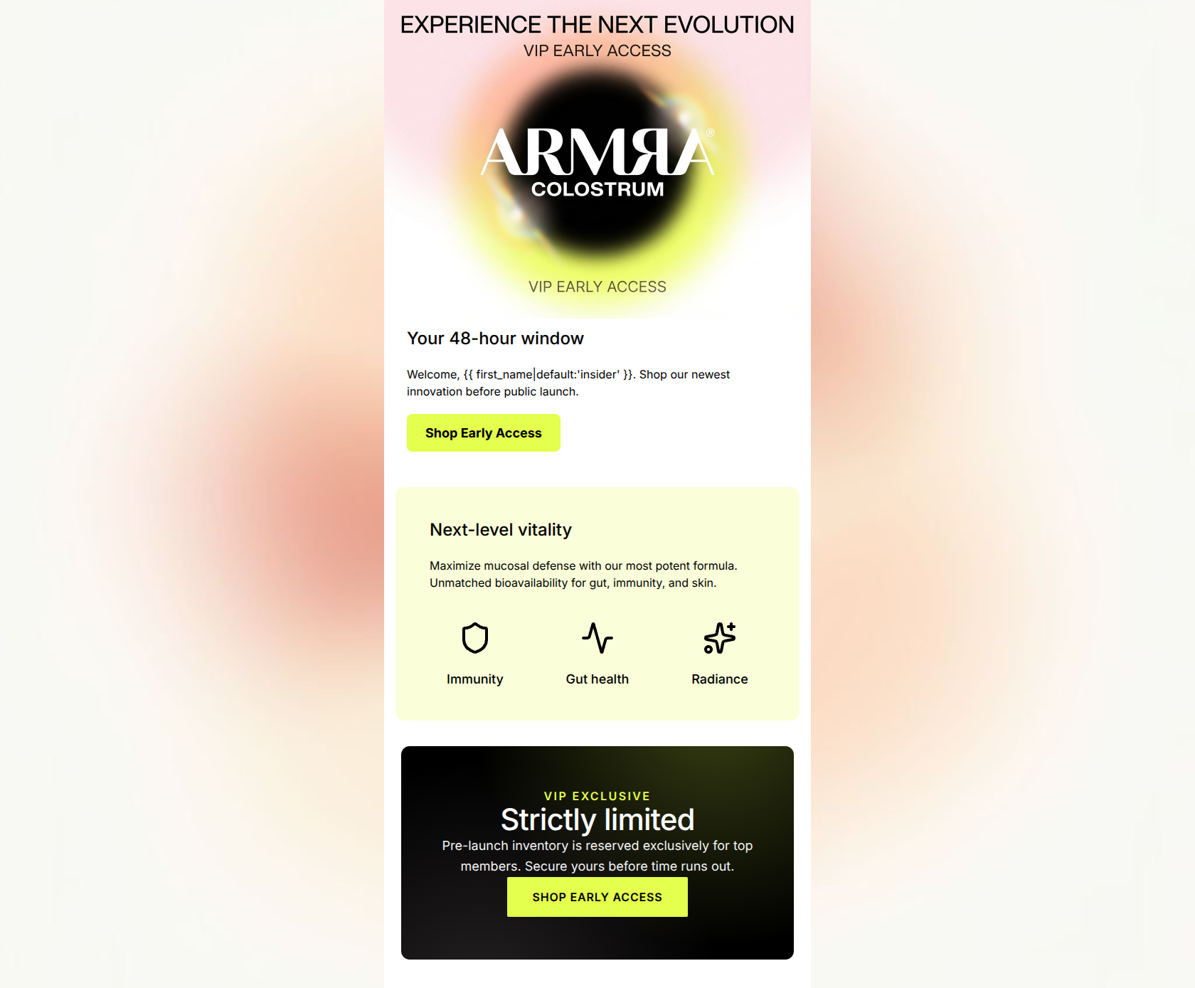 Email design: VIP exclusive: The next evolution of ARMRA is here