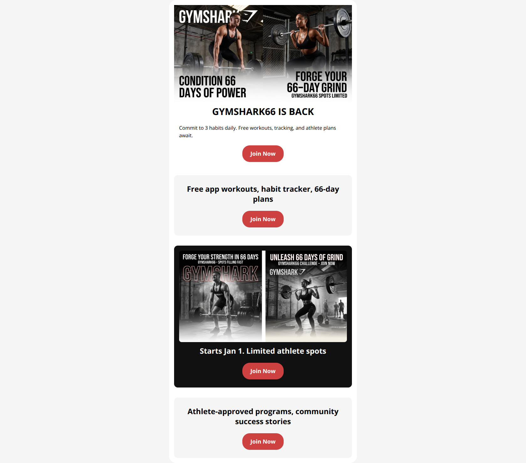 Email design: GYMSHARK66: Forge Strength In 66 Days