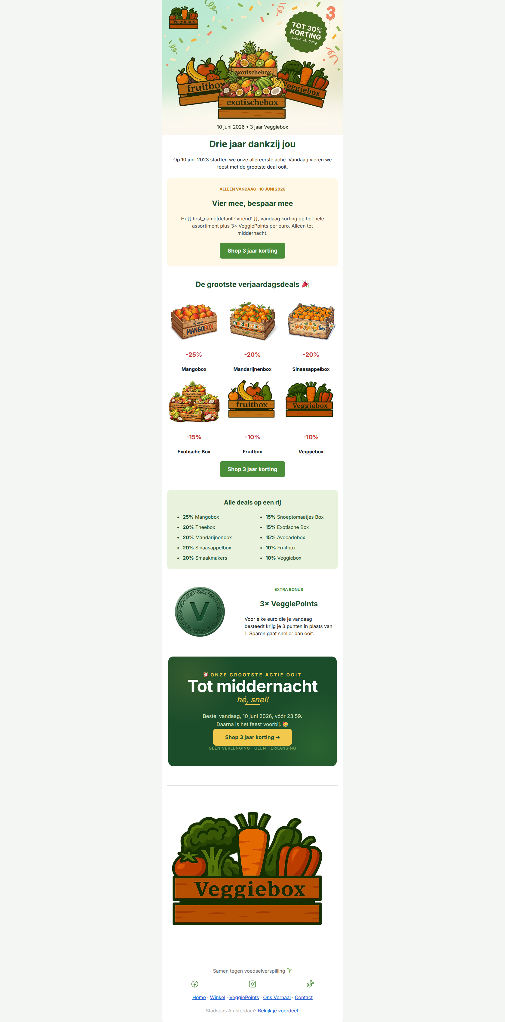 Email design: ๐ 3 jaar Veggiebox โ tot 30% korting, alleen vand