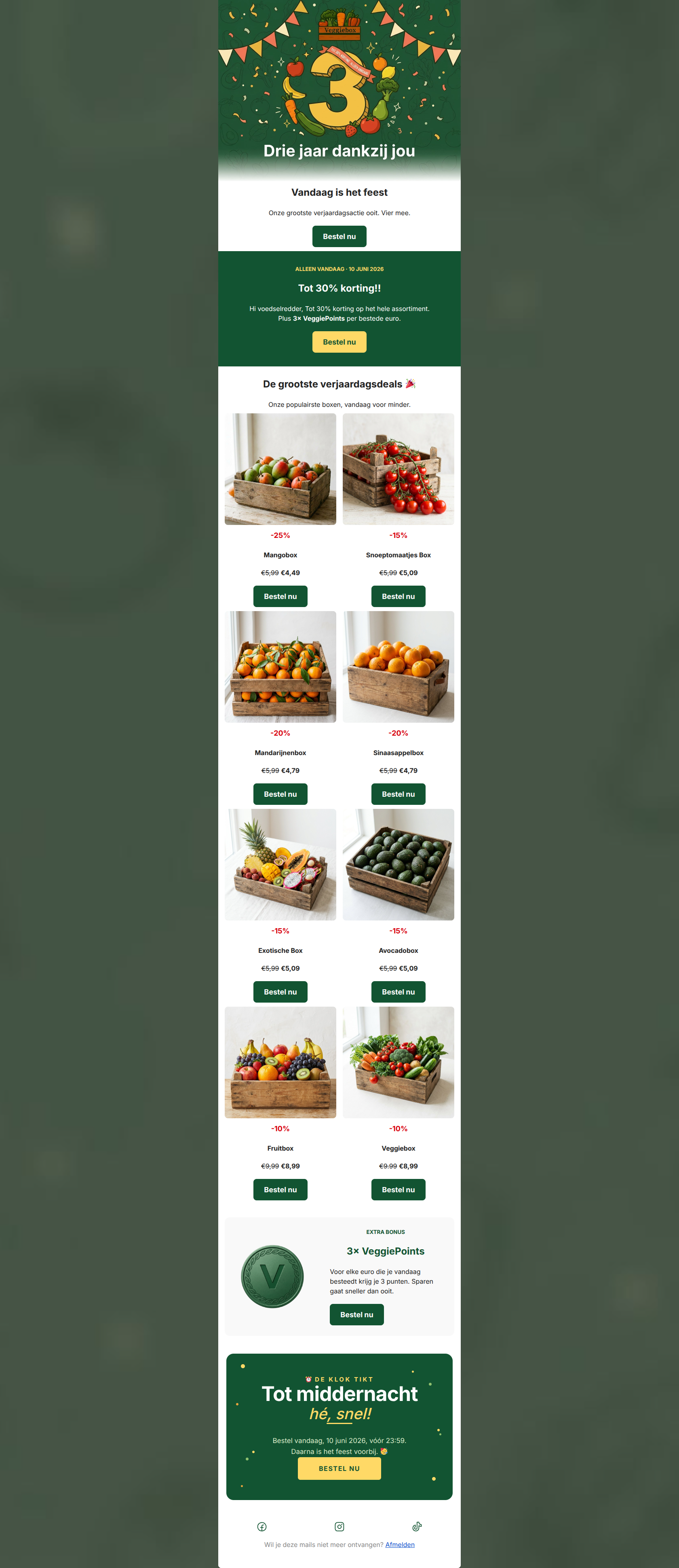 Email design: 3 jaar Veggiebox ๐ tot 30% korting, alleen vandaa